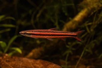 Nannostomus mortenthaleri Pez lápiz rojo de coral